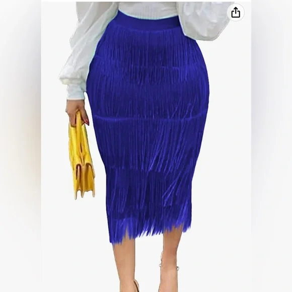 Elegant Blue Fringe Midi Skirt - Picture 1 of 6